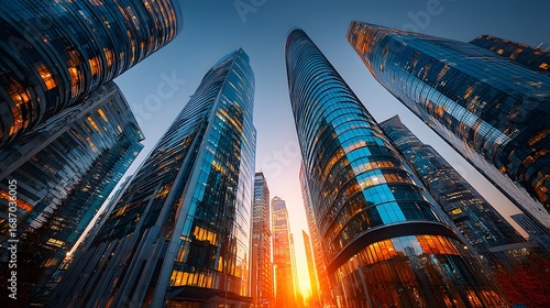 Modern skyscrapers sunset perspective