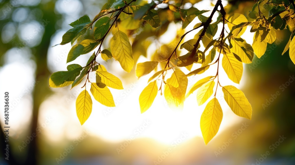 Obraz premium A close-up view of vibrant green leaves glistening in the sunlight. The warm rays illuminate the foliage, creating a serene atmosphere that showcases the beauty of nature.