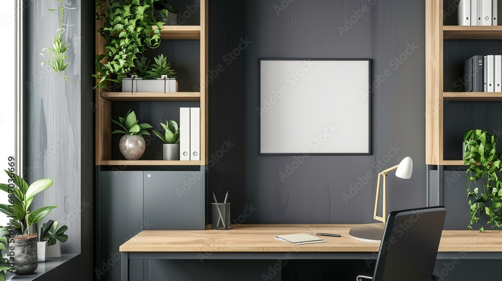 Obraz premium Title: Modern Minimalist Office/Home Corner with Dark Gray Cabinet and Light Wood Shelving, Green Plants, and Floating Picture Frame
