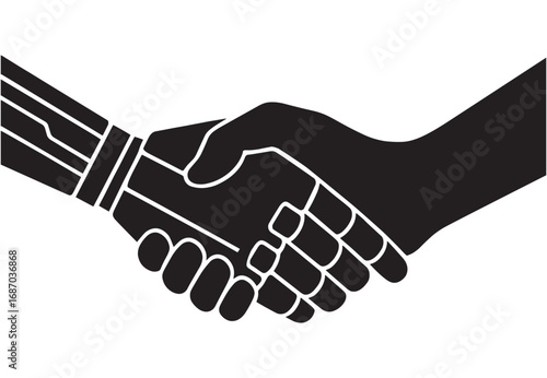 Robot and man handshaking, Human and robot handshake silhouette, AI and people collaboration, Business deal and agreement, Artificial intelligence cooperation