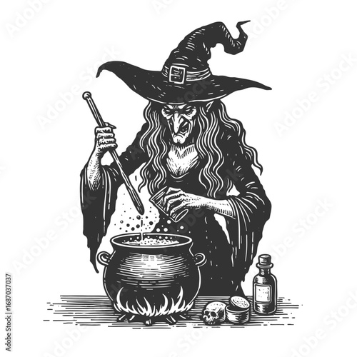 wicked witch in a hat stirring a bubbling cauldron, surrounded by bats and magic sketch engraving generative ai fictional character vector illustration. Scratch board imitation. Black and white image.