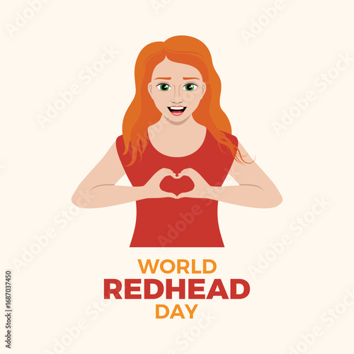 World Redhead Day poster vector illustration. Happy red hair girl making a heart with her hands vector. Smiling young ginger woman icon. Template for background, banner, card. May 26. Important day