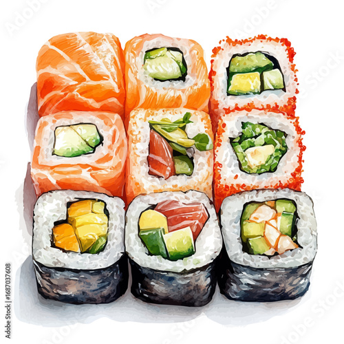 Sushi, watercolor illustration vector, isolated on a white background.