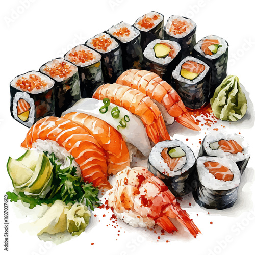 Sushi, watercolor painting vector, isolated on a white background.