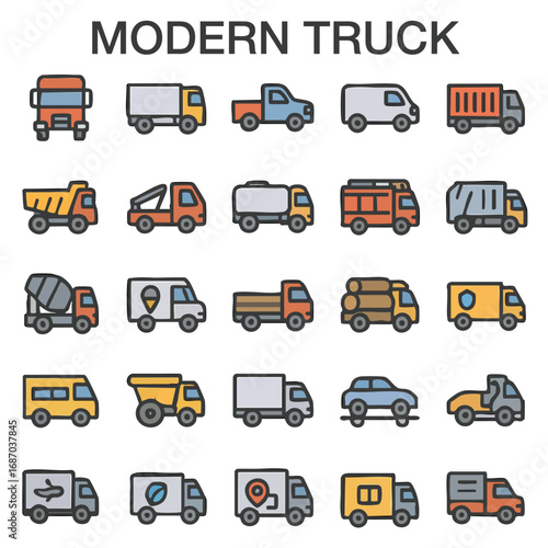 Modern Truck & Delivery Vehicle Icon Set – Transport, Logistics, and Heavy Machinery