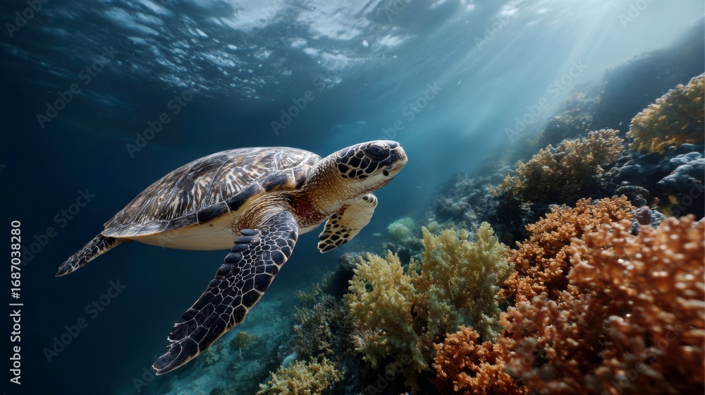 Obraz premium Swimming sea turtle gracefully moves through coral reef underwater ocean environment marine life photography