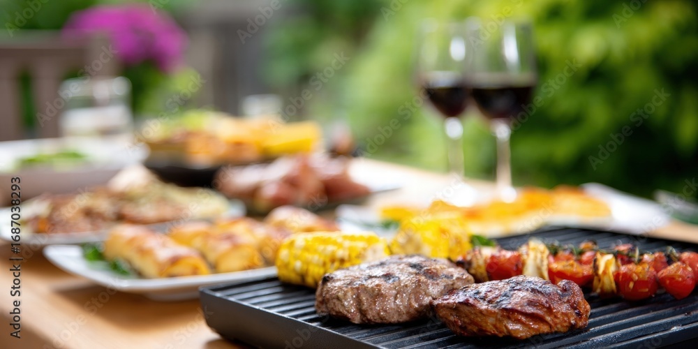 Obraz premium Delicious Grilled Meat and Side Dishes for Outdoor Dining
