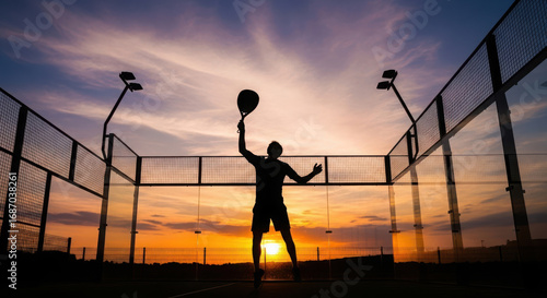 Silhouette Man Playing Paddle Tennis at Colorful Sunset Court