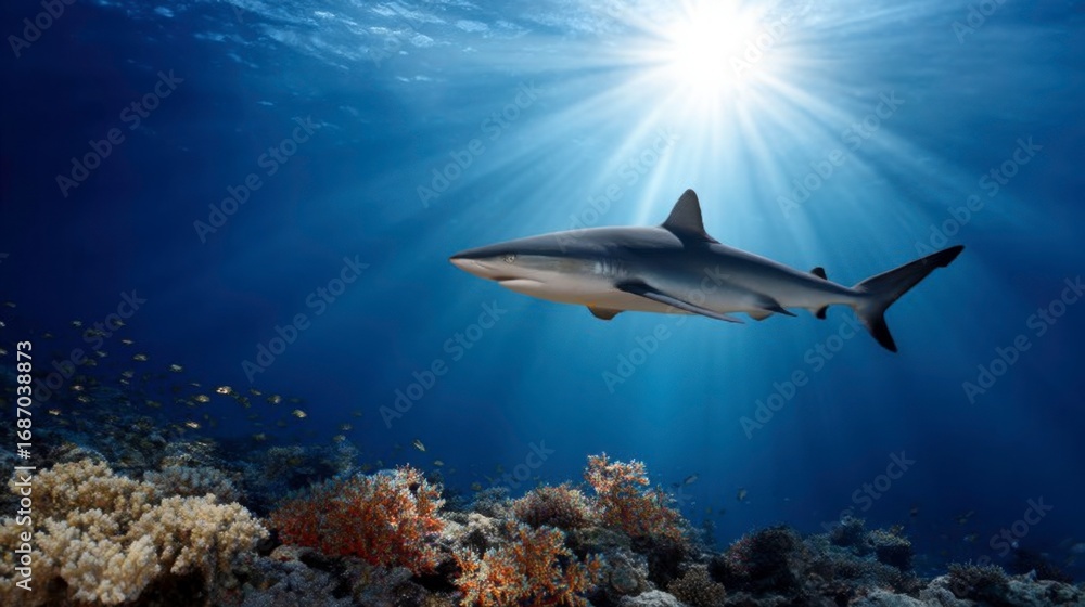 Fototapeta premium Shark swimming gracefully among coral reefs underwater world marine life clear blue ocean natural habitat
