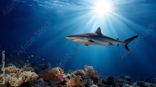 Wallpaper Mural Shark swimming gracefully among coral reefs underwater world marine life clear blue ocean natural habitat Torontodigital.ca