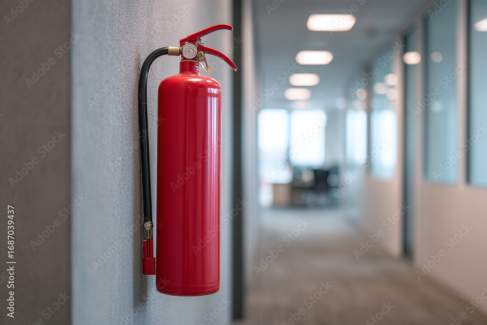 Fototapeta premium Red fire extinguisher mounted on wall in office hallway safety equipment