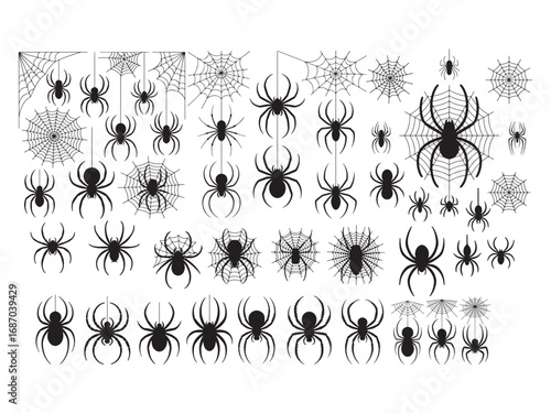 “Spider and spider web silhouette collection, creepy Halloween elements vector isolated on white.”