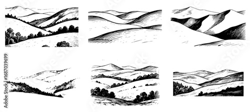 A landscape of rolling hills set, vector engraving style illustration
