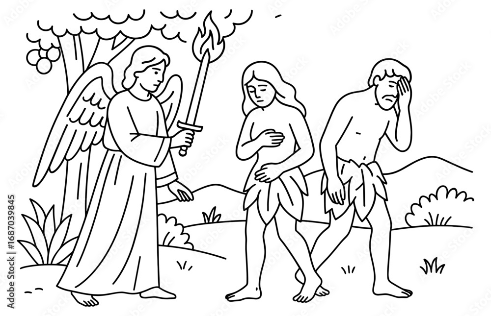 Fototapeta premium Expulsion from eden biblical scene - adam and eve with angel