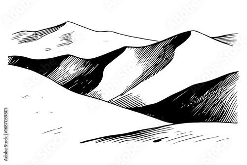 Vector engraving style illustration of a A landscape of rolling hills