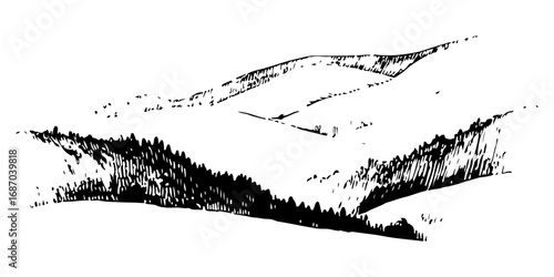 Vector engraving style illustration of a A landscape of rolling hills