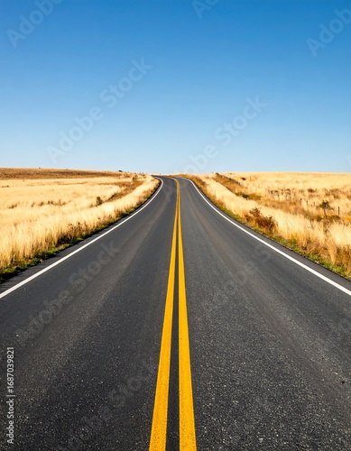 Straight road through golden fields