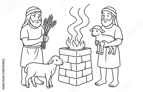 Biblical scene of cain and abel making offerings - sacrifice and worship theme