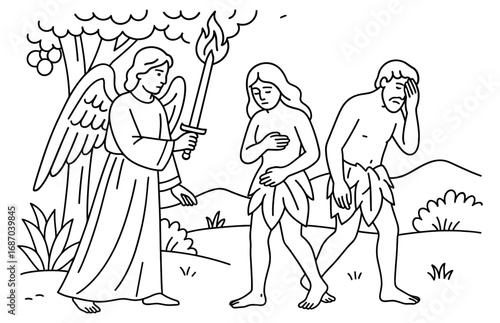 Expulsion from eden biblical scene - adam and eve with angel