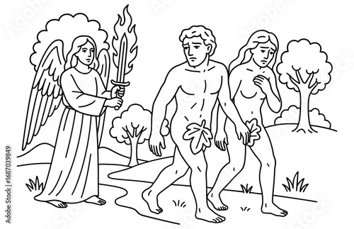Biblical scene of expulsion from eden with angel and first humans for faith posters