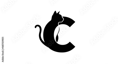 Silhouette of a Black Cat Perched on Letter C.