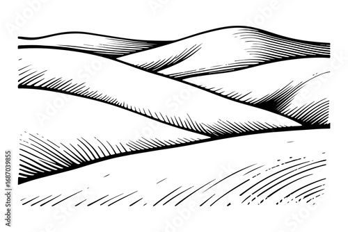 Vector engraving style illustration of a A landscape of rolling hills