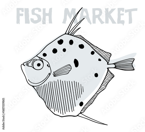 Vector fish market poster with hand drawn illustration of a funny fish made in graphic style. Ink drawing, beautiful design elements. 