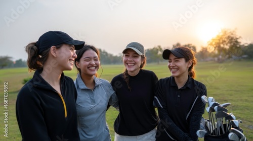 Golfing friendship four women enjoying a sunset game on the course lifestyle natural environment social connection