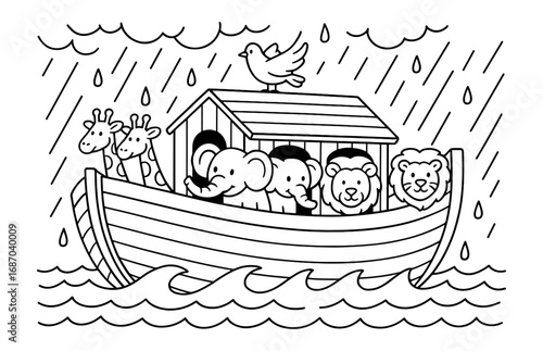 Noah's ark with animals in a rainy scene for children's coloring book