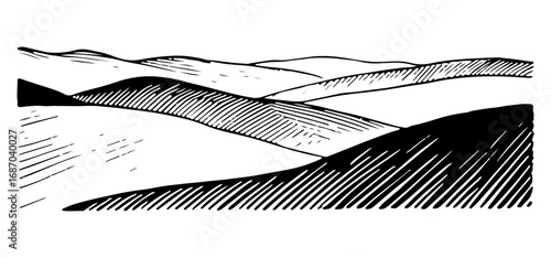 Vector engraving style illustration of a A landscape of rolling hills
