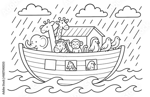 Noah's ark in the rain: a coloring page for kids