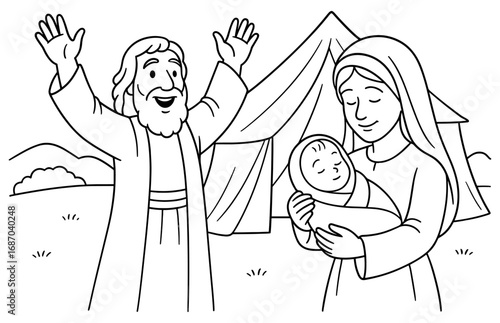 Joyful scene of isaac's birth with parents in biblical tent setting