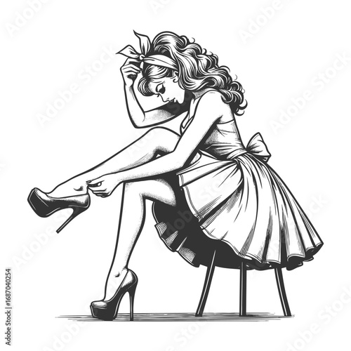 pin-up woman sitting on a chair, adjusting her high heel sketch engraving generative ai fictional character vector illustration. Scratch board imitation. Black and white image.