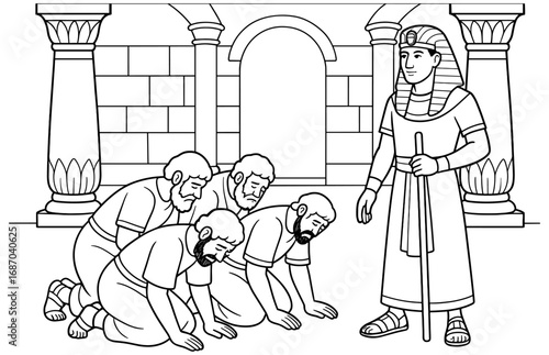 Biblical scene with joseph's brothers kneeling before him in ancient egypt setting for educational and religious use