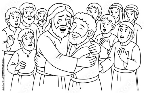 Emotional reunion of biblical brothers - heartfelt embrace illustration