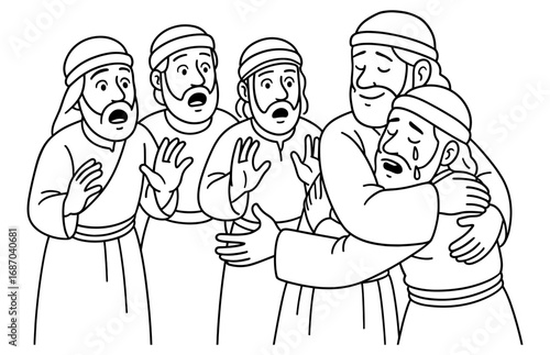 Emotional reunion in biblical story of joseph revealing himself to his brothers - religious coloring page design