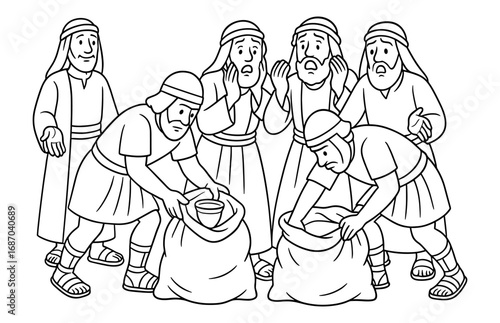 Biblical scene of joseph testing his brothers - bag inspection moment
