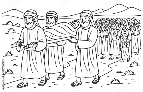 Historical funeral procession scene with ancient attire and landscape