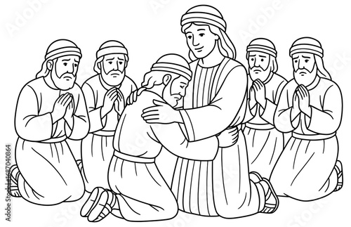 Biblical scene of joseph forgiving his brothers - inspirational design for educational material