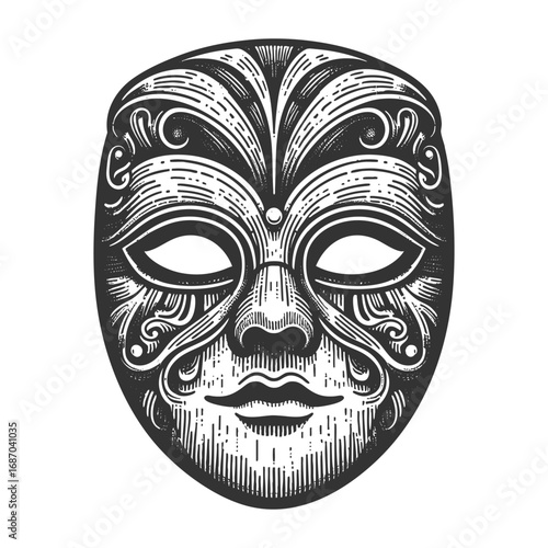 haunting jester-style mask with flowing ribbon-like extensions, carved features, and a gothic mysterious appearance sketch engraving generative ai vector illustration. Scratch board. Black and white.