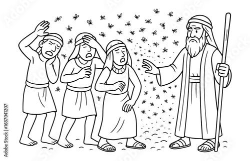 Biblical scene depicting the egyptian gnat plague with moses leading