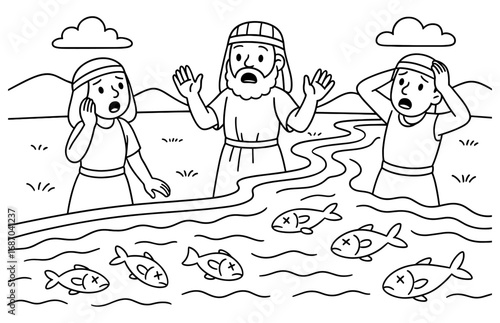 Biblical scene of the nile turning to blood with shocked witnesses