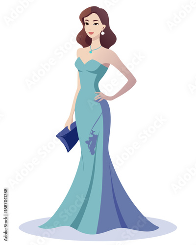 Elegant Woman in Evening Gown, a Glamorous Fashion Line Art Illustration