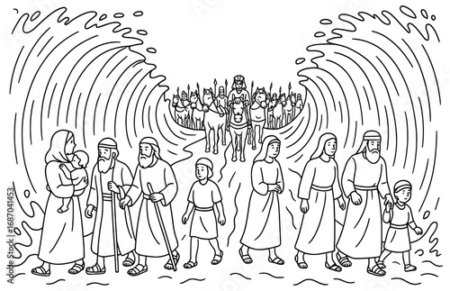 Biblical scene of the israelites crossing the red sea with pharaoh's soldiers pursuing