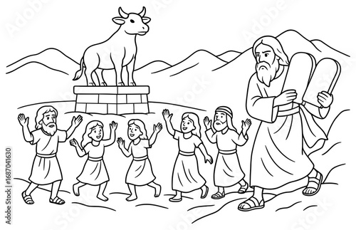 Ancient biblical golden calf scene with moses and tribespeople