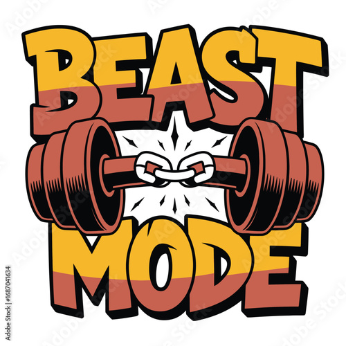 Motivational fitness graphic design featuring barbell weights and "Beast Mode" text; ideal for gym apparel, posters, and workout social media.