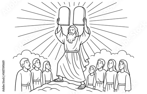 Moses with the ten commandments tablets surrounded by people on a mountain