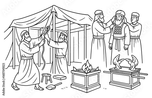Ancient tabernacle construction scene with artisans and priests in biblical setting for historical education