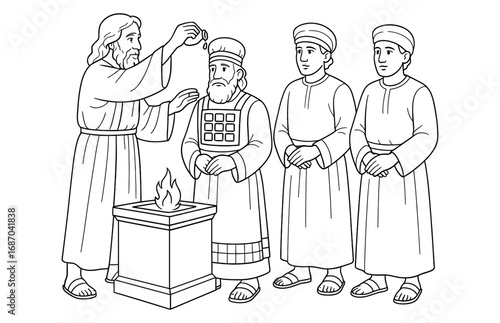 Priests' anointing ceremony spiritual ritual - outline illustration for religious education and learning