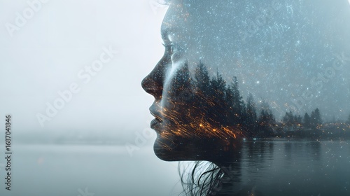 Double exposure portrait of a young woman with a forest in the background